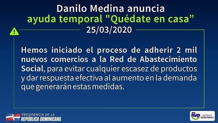 JuventudRD's tweet photo. Presidente @DaniloMedina anuncia ayuda temporal “Quédate en casa”.

811 mil familias de @ProSoliRD y 690 mil familias adicionales categorizadas como pobres o vulnerables se beneficiarán. 

Detalles en estas imágenes. 
#CoronavirusRD https://t.co/TuRi2D14CU