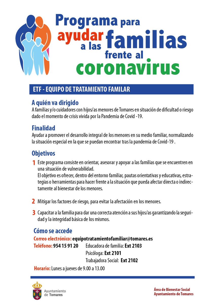 Hoy más que nunca, el equipo de tratamiento familiar de #Tomares quiere ayudar frente al coronavirus a las familias o cuidadores con hijos menores en situación de riesgo o dificultad. Ponte en contacto con nosotros. Te queremos ayudar.