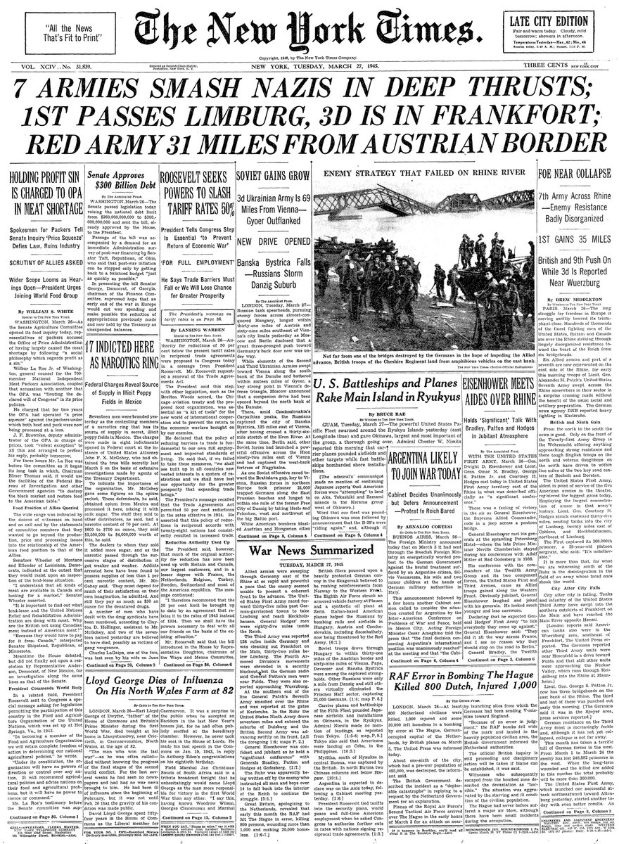 March 27, 1945: 7 Armies Smash Nazis in Deep Thrusts; 1st Passes Limburg, 3D is in Frankfort; Red Army 31 Miles From Austrian Border  https://nyti.ms/2UDB8k8 