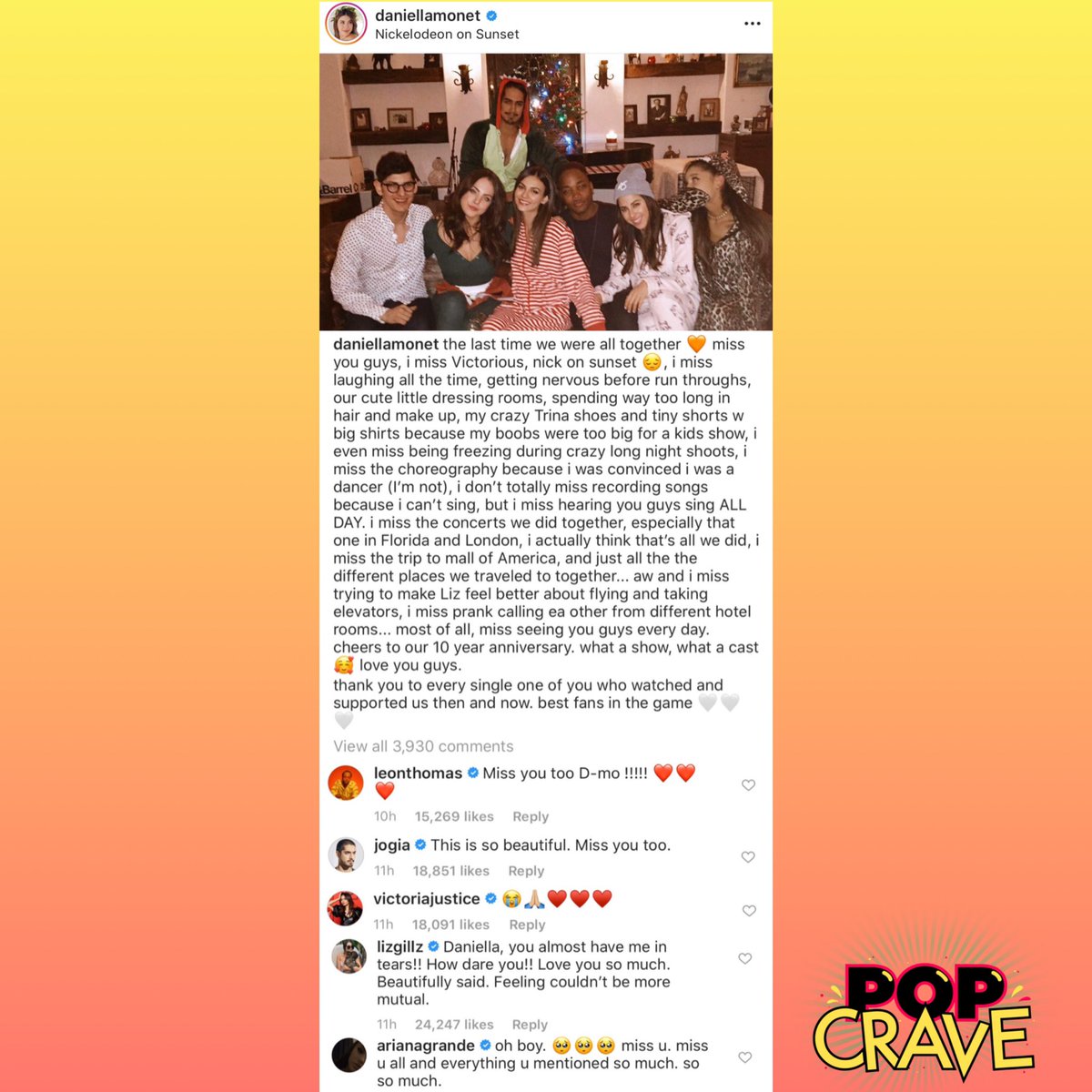 PopCrave's tweet photo. Ariana Grande, Daniella Monet, and Victoria Justice shared emotional Instagram posts to mark the 10-year anniversary of #Victorious. ❤️ https://t.co/GQcIMmsVAg
