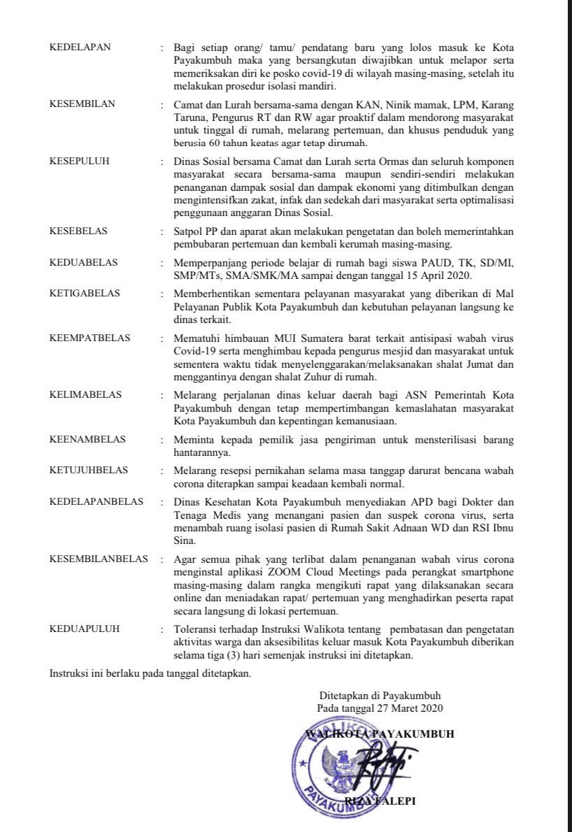 infoSumbar's tweet photo. Kota Payakumbuh mulai menerapkan pembatasan akses. Silakan dibaca lengkapnya melalui instruksi Walikota Payakumbuh berikut https://t.co/7jJbKFfRfS
