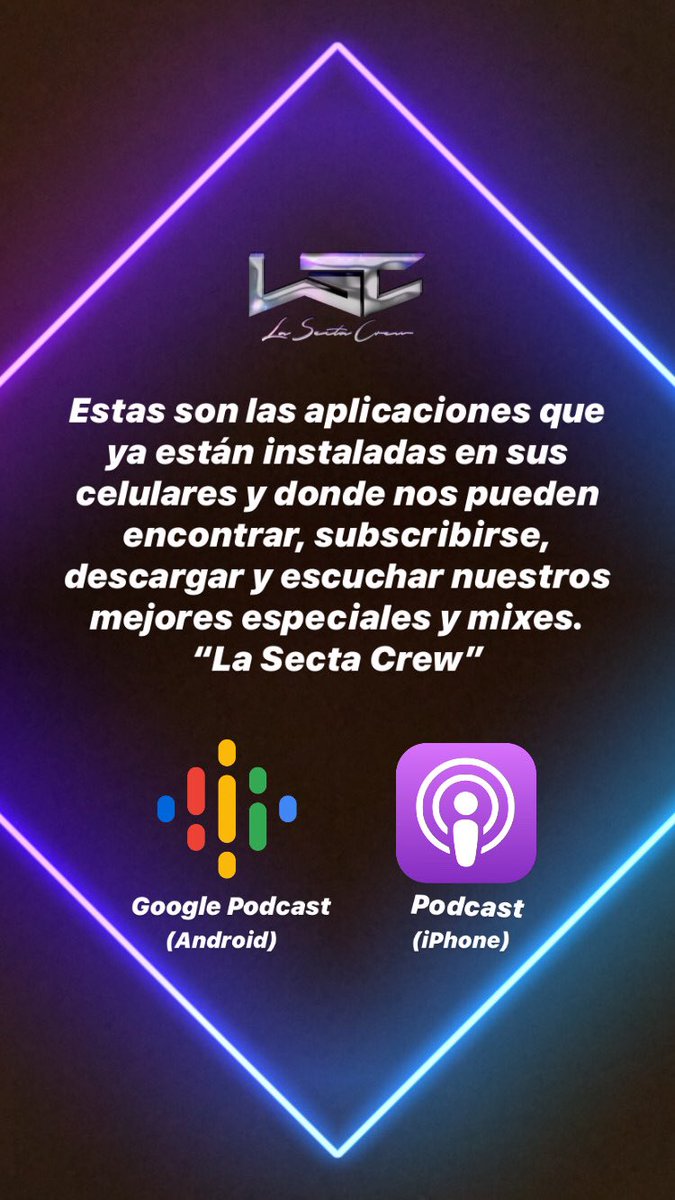 LaSectaCrew's tweet photo. Estas son las aplicaciones que ya están instaladas en sus celulares y donde nos pueden encontrar, subscribirse, descargar y escuchar nuestros mejores especiales y mixes.
Encuéntranos como: “La Secta Crew”.
¡Gracias!
#TeamSecta https://t.co/GYjnbSKOee