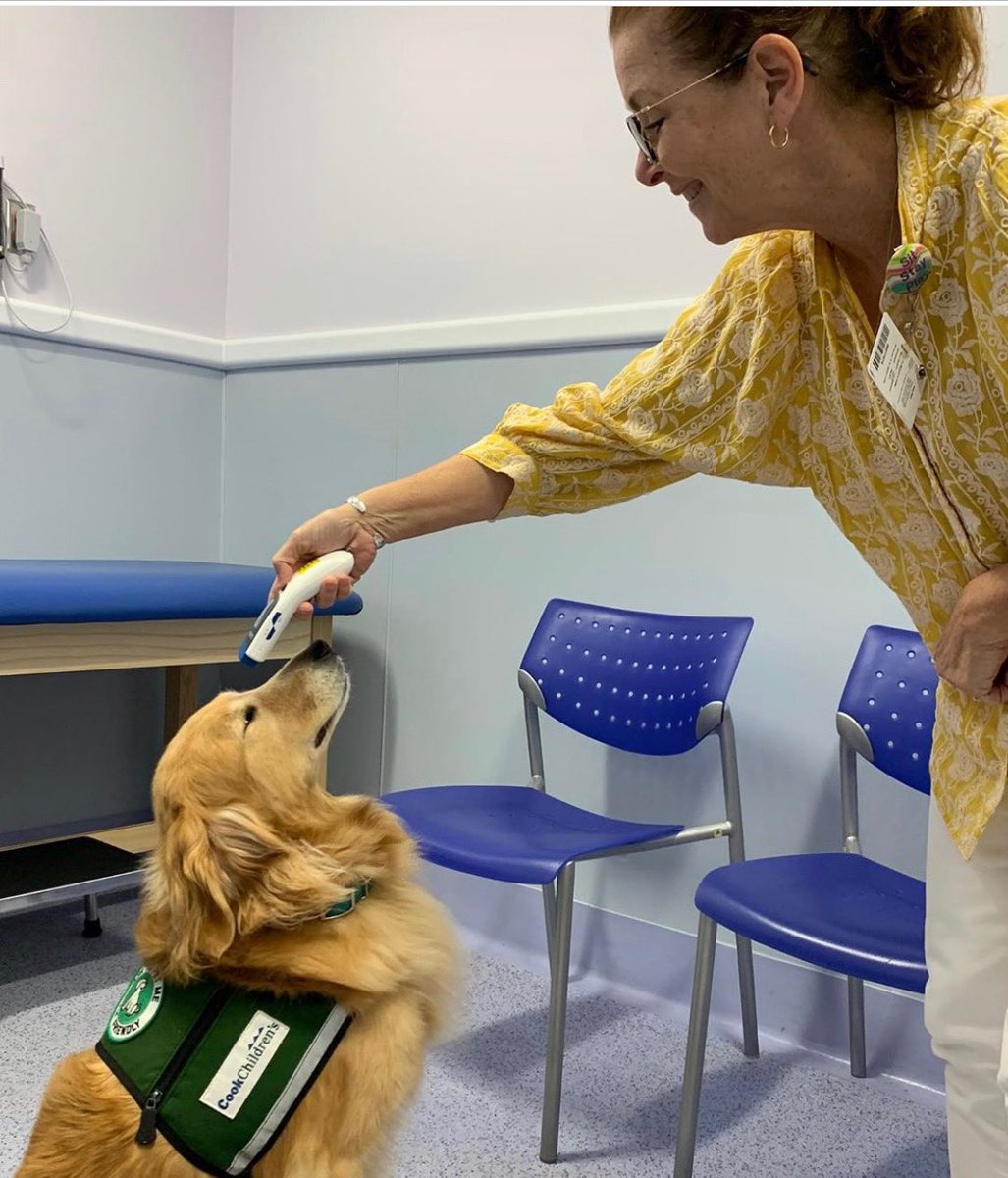 All Cook Children’s employees must have their temperature taken upon arrival to work. Therapy dog Kitty didn’t want to be left out. 🐶💙
