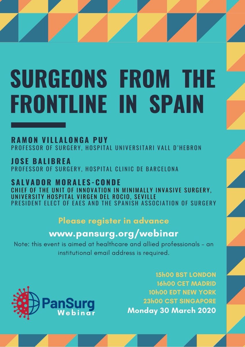 PanSurg's tweet image. Our next #webinar takes place on Monday the 30th of March at 3pm BST. We’ll be hearing about #Spain’s frontline experience during #COVID19 from #surgeons, including @BalibreaJose and @smoralesconde. Register here: pansurg.org/webinars