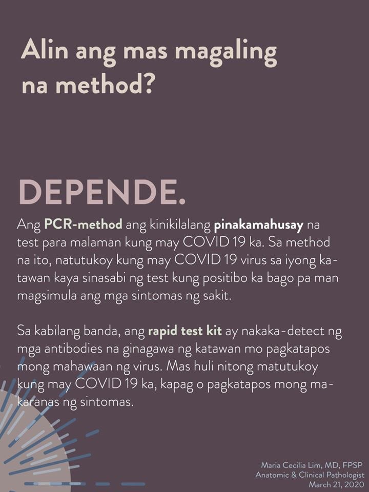 PAANO GINAGAWA ANG TESTING PARA SA COVID-19 Content ni Maria Cecilia Lim, MD, FPSPGraphics ng UP PGH Pathology ResidentsSalin sa Wikang Filipino ni Prof Odessa N Joson ng UP ManilaPosted in FB March 24(Ang dami kong natutunan!)