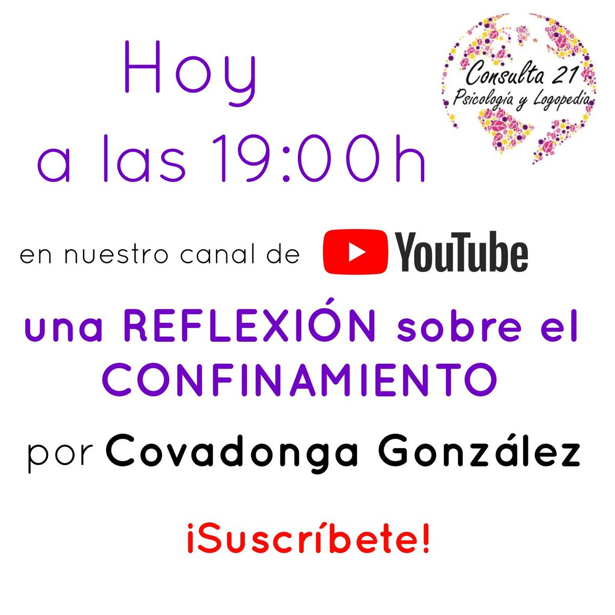 Consulta_21's tweet photo. 📌 HOY a las ⏰ 19:00h
📣 Covadonga González (psicóloga de Consulta 21 👩) nos narrará en nuestro canal de ▶️ YouTube su reflexión sobre el confinamiento 🏠

¡Suscríbete y no te perderás nada!

 �� https://t.co/JAULUnF1zQ 👈

#yomequedoencasa #quedateencasa #COVID19 https://t.co/gDOdbVOuzD
