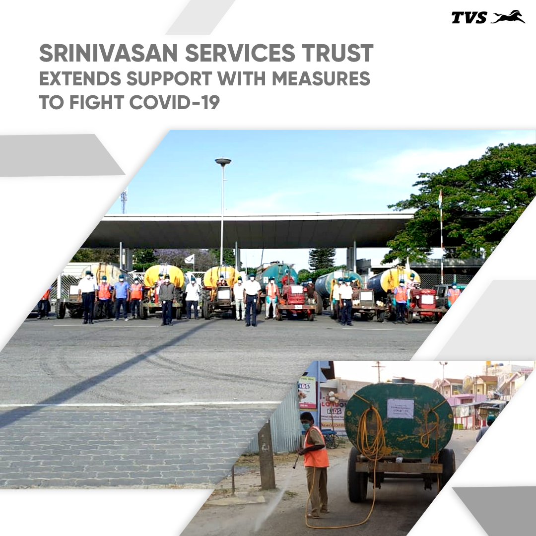 tvsmotorcompany's tweet photo. Srinivasan Services Trust, the social arm of TVS Motor Company and Sundaram-Clayton Ltd. announced spends of INR 30 crore to combat COVID 19. SST is distributing 1 million face masks, meals for healthcare workers and policemen, and disinfectant spraying machines and vehicles. https://t.co/OgWOBgKs03