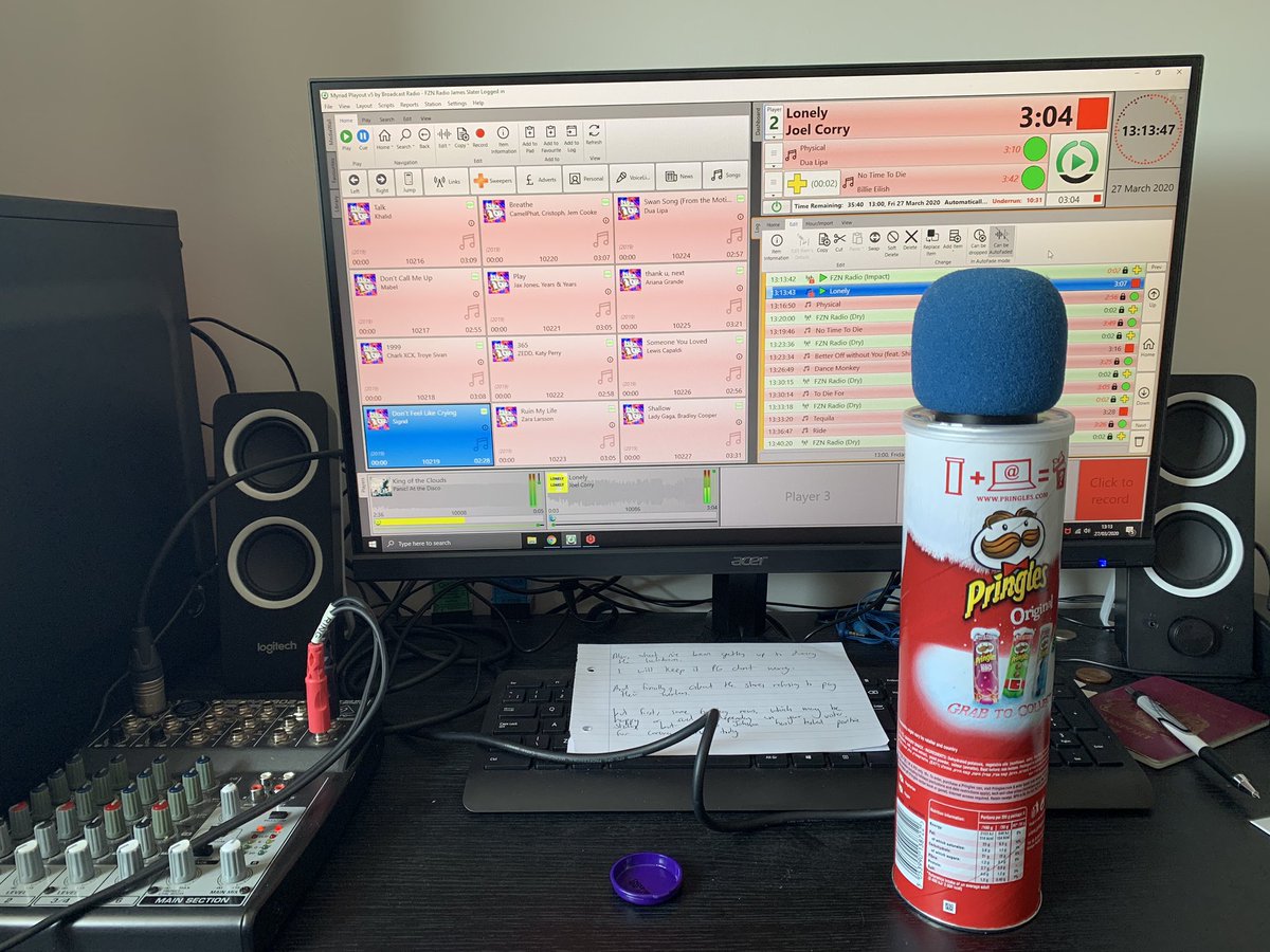 Sometimes we have to improvise in radio.

<a href="/JamesSlaterNSU/">James Slater</a> forgot to bring a mic stand to his home studio, but a Pringles tube works pretty well actually! 🥳