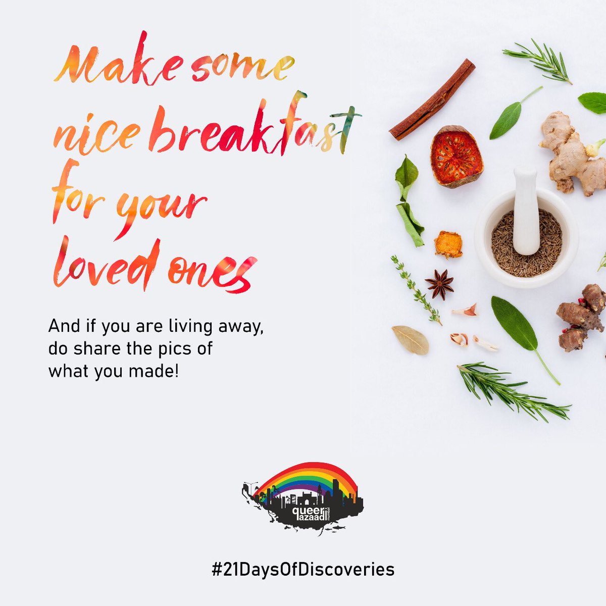 queer_azaadi's tweet photo. Make some nice breakfast for your loved ones or for yourself.
Do share pictures with us and tag us π
#QAM #21DaysofDiscoveries #MumbaiPride #21DaysofLockdown #Together #India https://t.co/QjkMd6vi4B