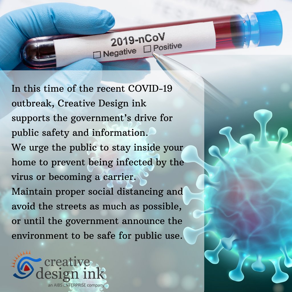 cdesignink's tweet image. In this time of the recent COVID-19 outbreak, Creative Design ink supports the government’s drive for public safety and information. 

#DigitalMarketing
#WebDeveloperPhilippines
#CreativeDesignInk
#CDIDigitalMarketing
#AlwaysPresentEverywhereEveryday