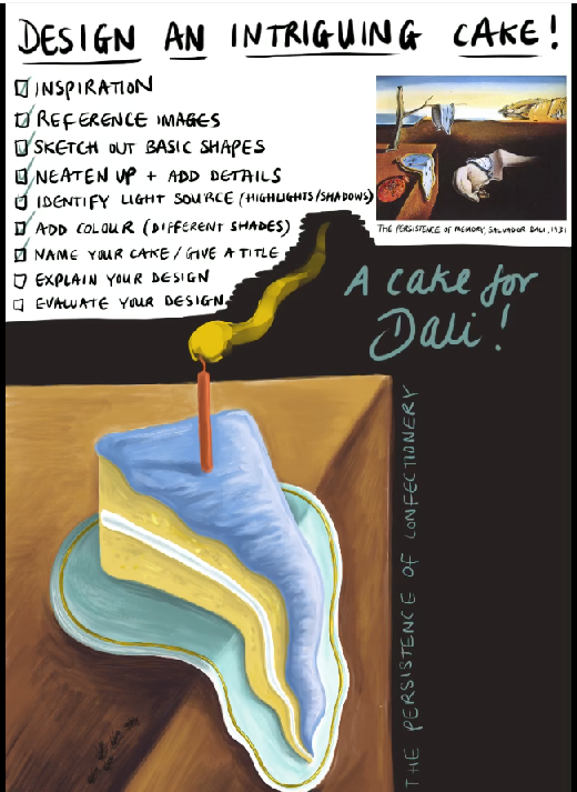 PGS1732's tweet photo. It's all about cake for Year 8! Building on their topic of 'confection', Mrs Williams set them the task to design an intriguing cake - sending them a Dali inspired animation to inspire them!
#cake #art #homelearning #remotenotalone #portsmouth
https://t.co/z0pzijkG1I https://t.co/JBJHQSN3ea