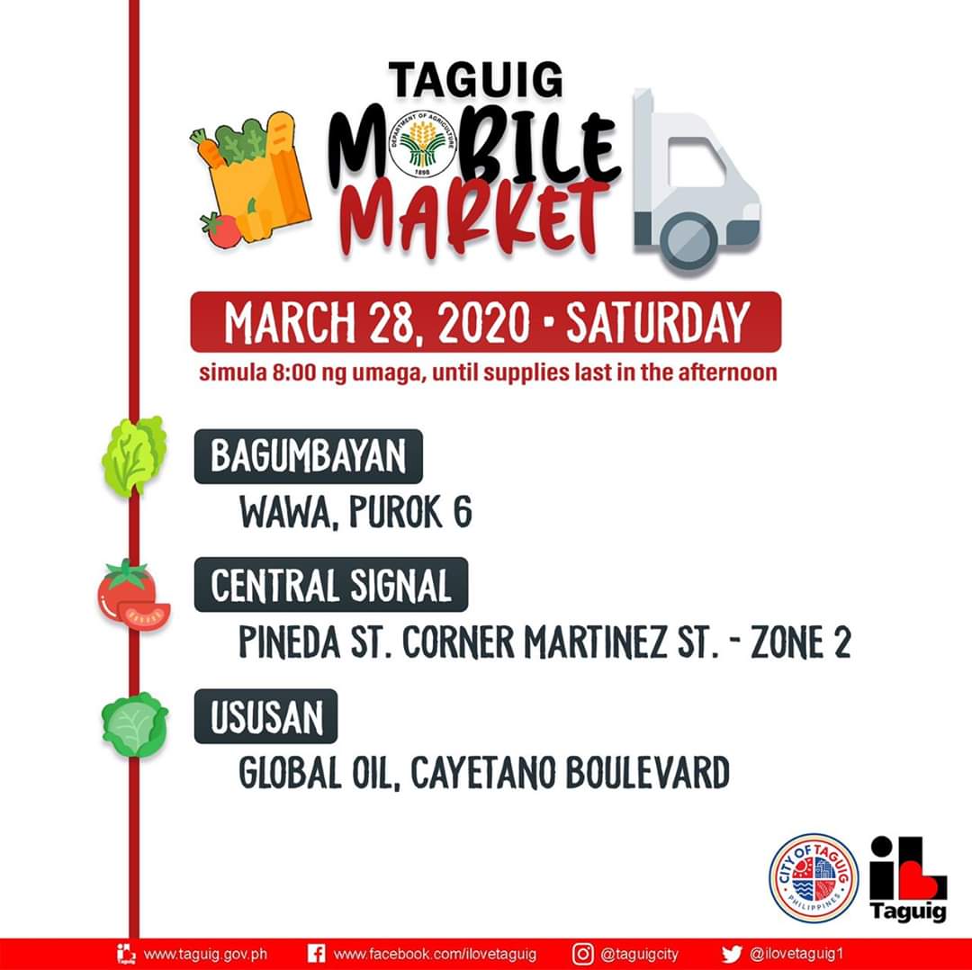 IloveTaguig1's tweet image. Para sa mga minamahal naming Taguigeño, bukas po ay magkakaroon ng Taguig Mobile Market sa mga sumusunod na barangay:

Bagumbayan - Wawa, Purok 6

Central Signal - Pineda St. corner Martinez Street - Zone 2

Ususan - Global Oil, Cayetano Boulevard
