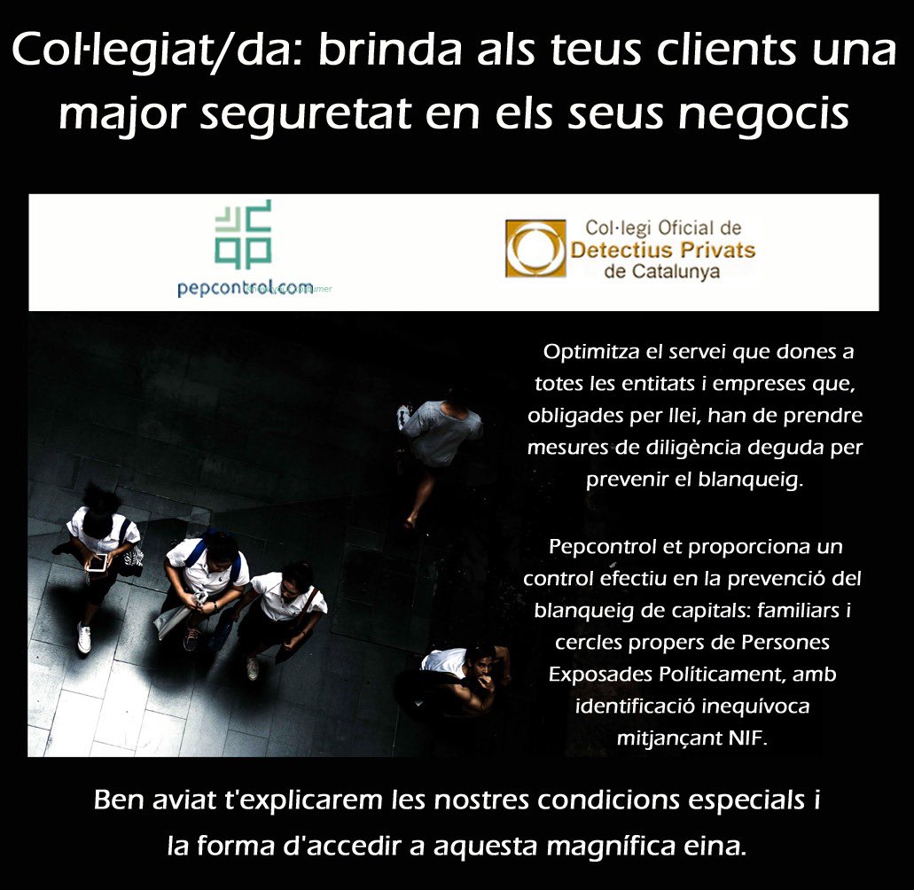 codpcat's tweet image. A partir d&apos;ara, els nostres col·legiats/des poden oferir als seus clients una major seguretat en els seus negocis, gràcies a l&apos;acord amb Pepcontrol, una eina que proporciona un control efectiu en la prevenció del blanqueig de capitals. #Detectius #PepControl @detectys