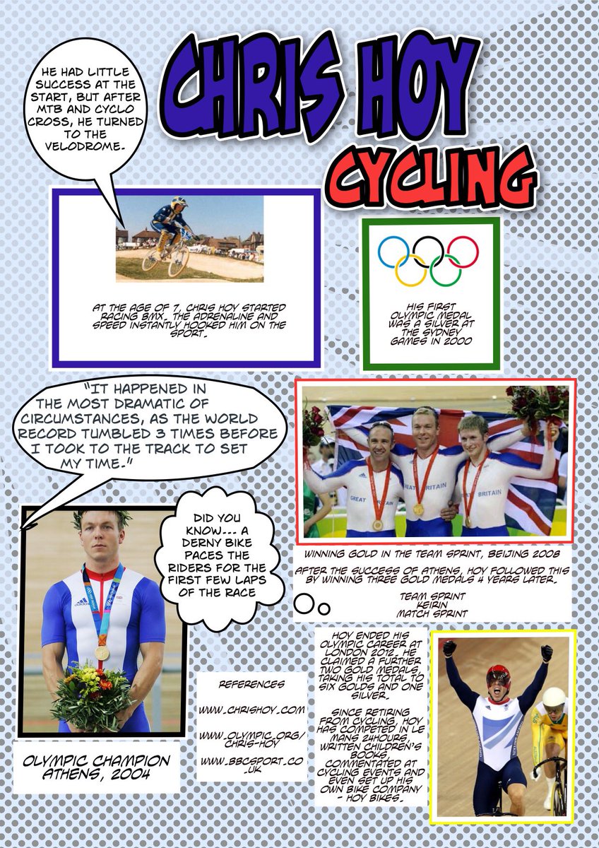 ECJS_6B's tweet image. 🏃🏼OLYMPICS PROJECT🚴🏼‍♂️

Did you guess the Olympic hero yesterday? 

Answer: CHRIS HOY! 6 time Olympic Gold medalist. Profile👇🏻

Tried a different app: Comic Life 3. Lots of challenges, mistakes and learning. How could you present yours? 

#BeCreative #SomethingNew #SafeSearch