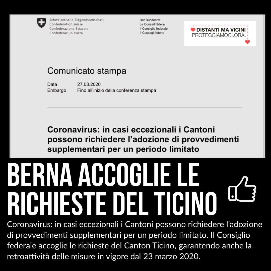 normangobbi's tweet photo. Oggi il Consiglio federale ha modificato l’ordinanza COVID-19, accogliendo la richiesta del Consiglio di Stato del Canton Ticino e garantendo la copertura retroattiva alle misure ticinesi. Il lavoro di squadra dà i suoi frutti! #distantimavicini #proteggiamociora #COVID19 https://t.co/YFYp9nomW3