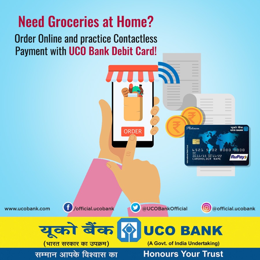 UCOBankOfficial's tweet photo. Need Groceries, But Locked Down?
Need not Worry! Make Payment with #UCOBank Debit Card for Your Online Groceries Order & Avoid contact with Physical Currency!
Go Digital.. Stay Safe..
@DFS_India @RBI @PMOIndia
@FinMinIndia @MoHFW_INDIA
#mBankingPlus #DigitalSampark #eBanking https://t.co/NjICm3WcPs