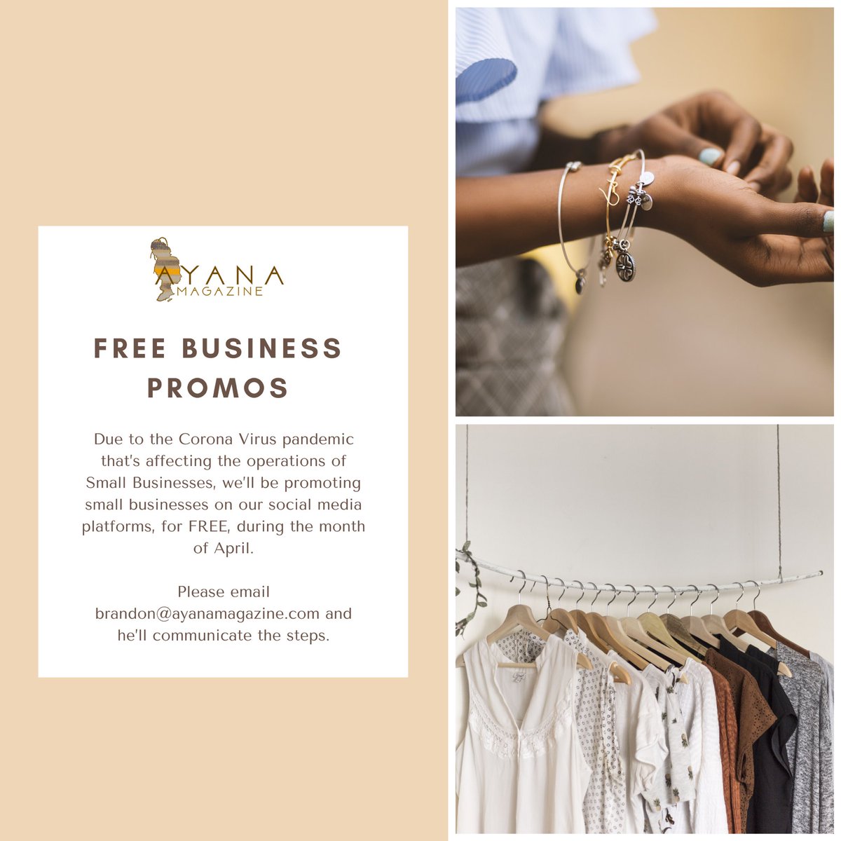 AyanaMagazine_'s tweet photo. NEWS | Due to the #COVID19SouthAfrica pandemic that’s affecting the operations of Small Businesses, we’ll be promoting small businesses on our social media platforms, for FREE, during the month of April.

Please email brandon@ayanamagazine.com &amp; he’ll assist you.

#AyanaMagazine https://t.co/Zw9yA44PvC