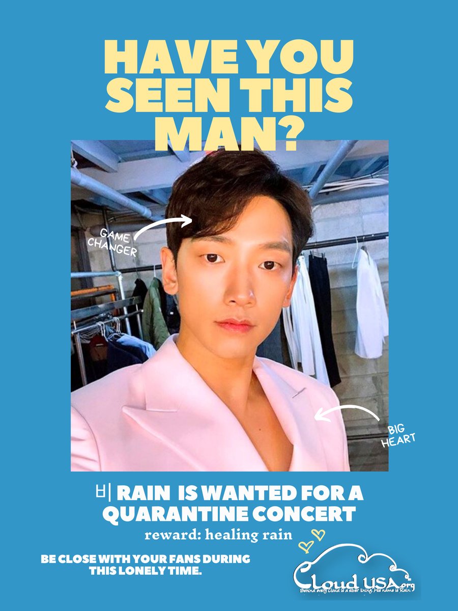 StepheCloudUSA's tweet photo. Dear @29rain, an acoustic version of your ballad 입에 달아 (Baby Baby) from MY LIFE would be amazing during these scary times. ❤️Clouds, if you'd like #Rain to do a home quarantine concert online, retweet! Let him know! #healingRAIN #CloudsSilverLining https://t.co/plMu3x7f0l