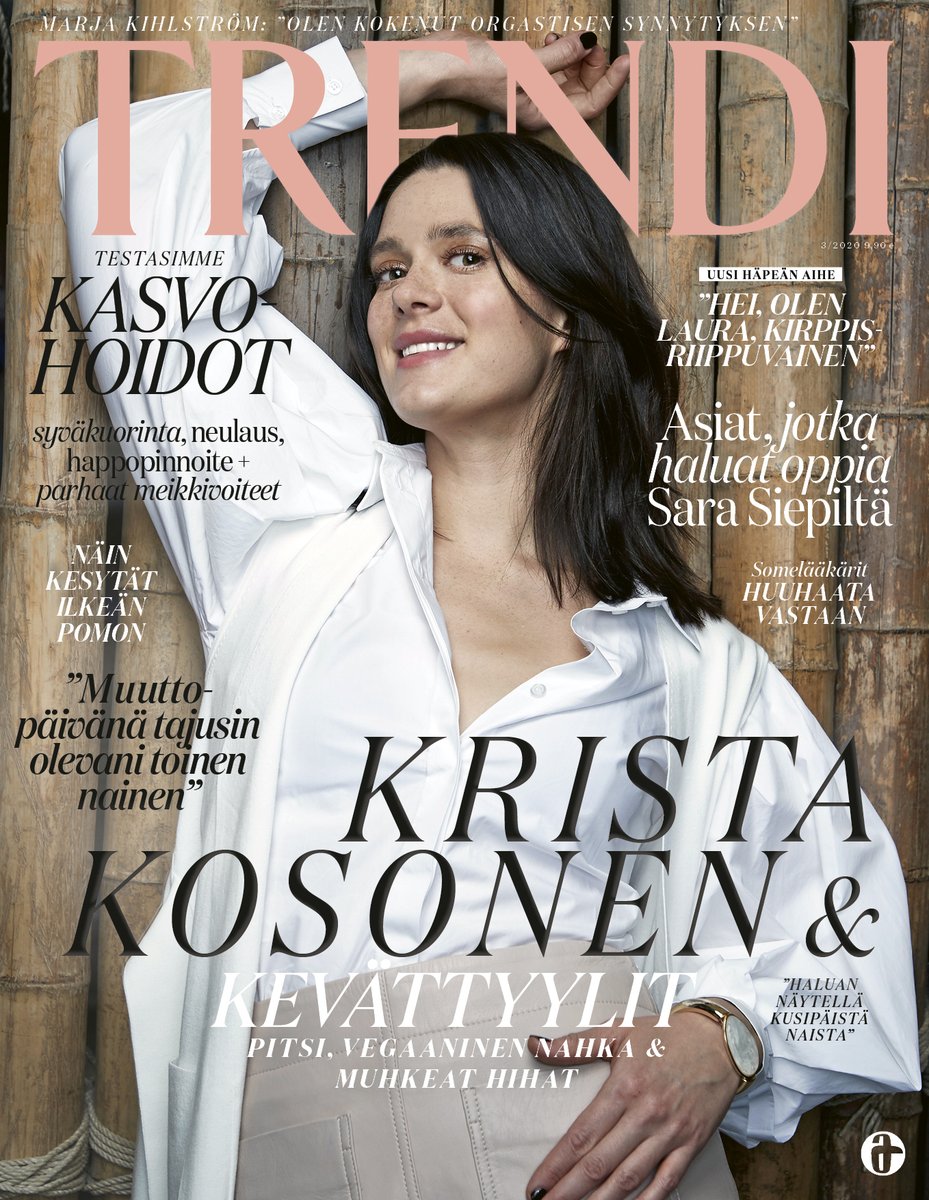 Uudessa Trendissä näyttelijä Krista Kosonen kertoo, miksi hän on kyllästynyt vahvoihin naisrooleihin. Kososen päällä nähdään upeaa kevätmuotia: pitsiä, vegaanista nahkaa ja muhkeita hihoja. Mukana myös tarina, kun second hand -shoppailu meni liiallisuuksiin.