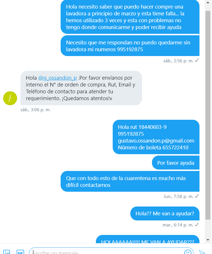 g_ossandon_p's tweet photo. @FalabellaAyuda ESTIMADOS, LLEVO DESDE EL SABADO DE LA SEMANA PASADA SOLICITANDO AYUDA Y NO TENGO UNA SOLA RESPUESTA POR PARTE DE USTEDES. https://t.co/muFIf0feVf