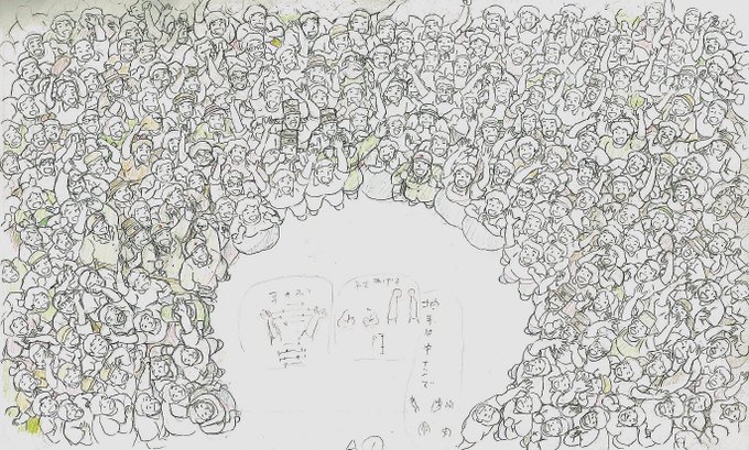 オマケ-2。
全編でモブ多発の『#魔女の宅急便』。
画像はラスト近くのトランポリン(センターの円形の空白、別セル)に降り立つトンボとキキを迎えるコリコ市民のモブ。原画は篠原征子さんでは(推測)。拍手指示はおそらく宮崎駿監督。疲労困憊の制作末期にモブを連発するオソロシサ…(苦笑)。 