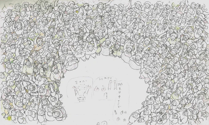 オマケ-2。
全編でモブ多発の『#魔女の宅急便』。
画像はラスト近くのトランポリン(センターの円形の空白、別セル)に降り立つトンボとキキを迎えるコリコ市民のモブ。原画は篠原征子さんでは(推測)。拍手指示はおそらく宮崎駿監督。疲労困憊の制作末期にモブを連発するオソロシサ…(苦笑)。 