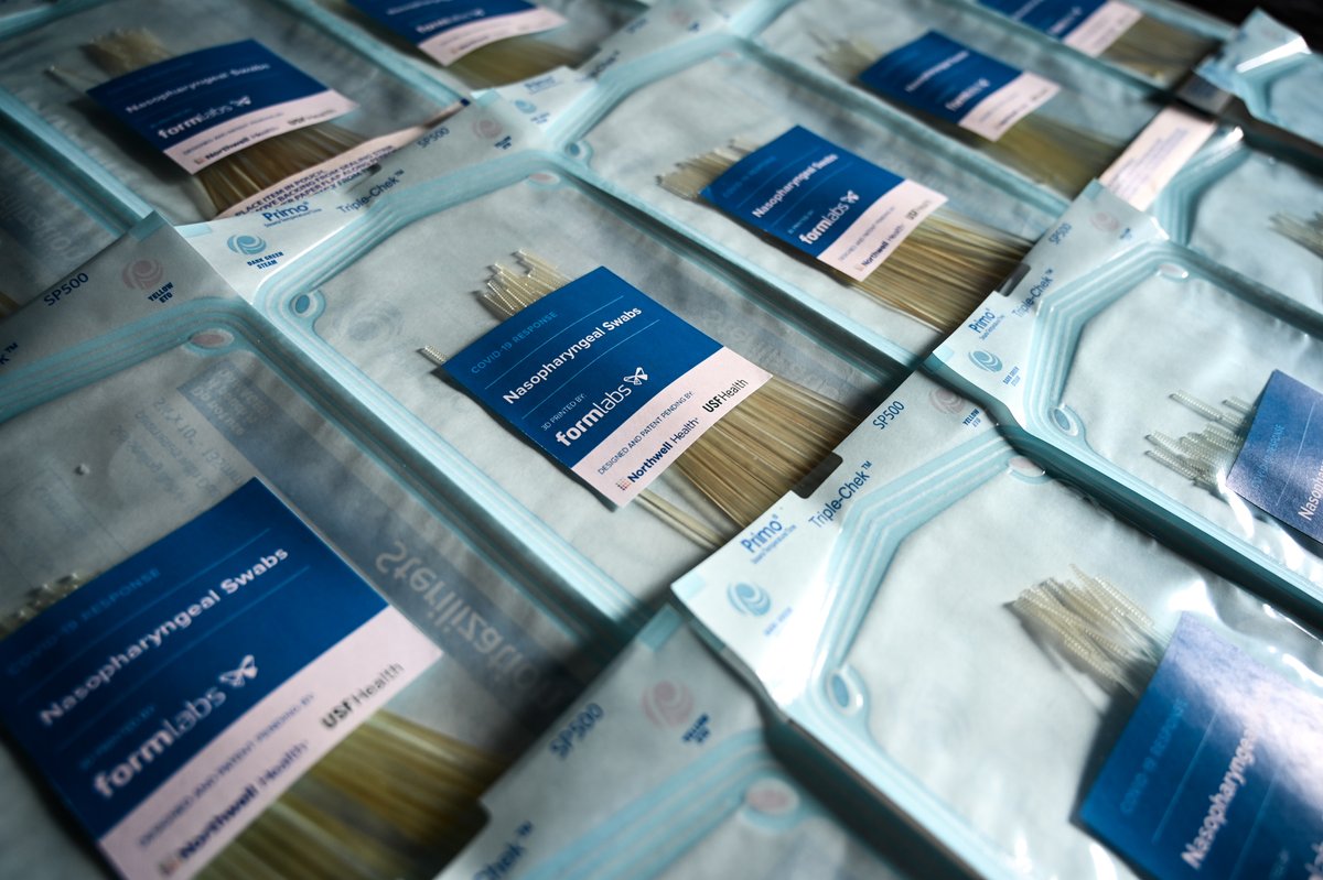 We’re producing up to 150,000 swabs per day with 250+ printers at our FDA-registered facility in Ohio to address the stockouts facing hospitals. Over a weekend, <a href="/USFHealth/">USF Health</a> &amp; <a href="/NorthwellHealth/">Northwell Health</a> developed prototypes that received a variety of hospital approvals.