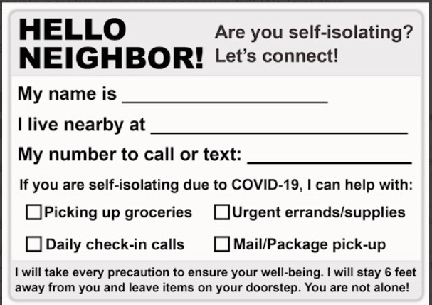 AgingInPlaceKit's tweet image. A way to help elderly or people living alone who might need food, supplies, etc. This short note is a good way to start. Stay well everyone