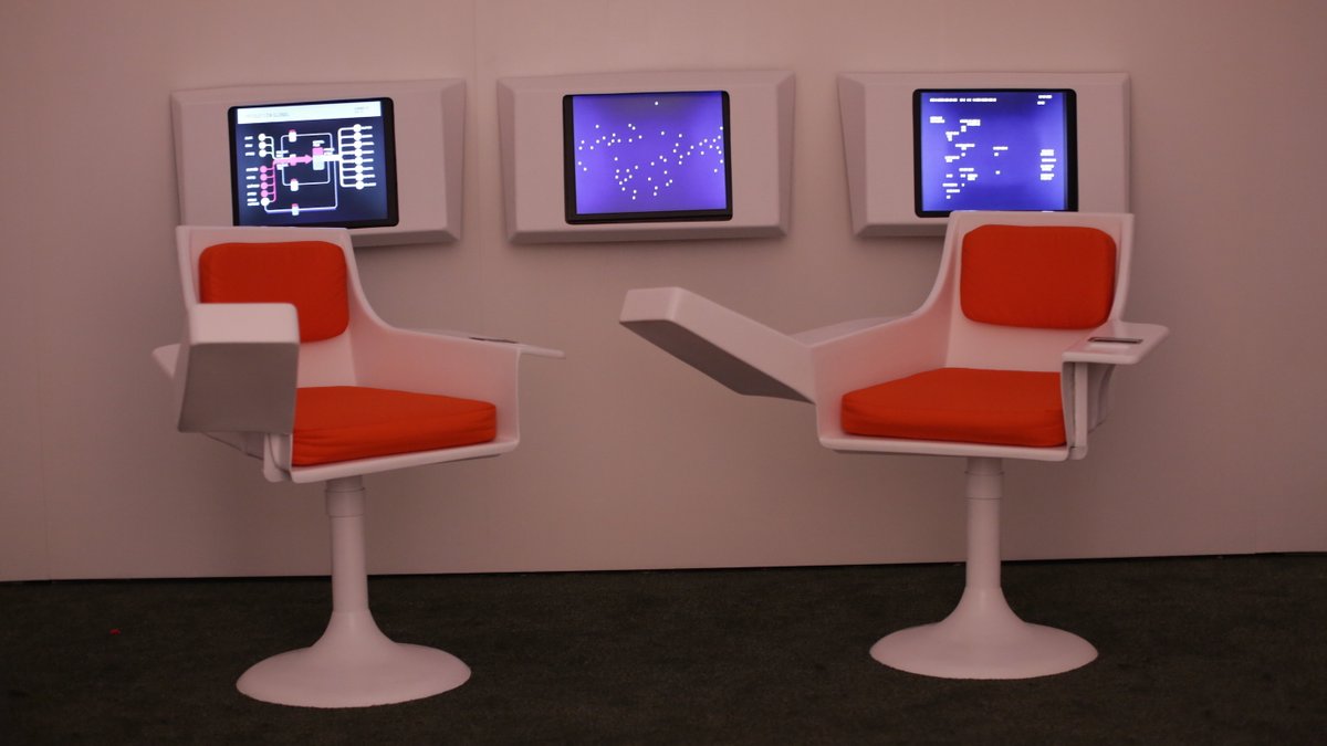 londonbiennale's tweet photo. At #LDB16 Chile presented a 1970s utopian project to give a socialist state a democratic electronic backbone. The project imagined giving the state a cybernetic spine, enabling ministers to view economic information in real-time and make informed decisions from a futuristic hub https://t.co/yOiYztHQO4