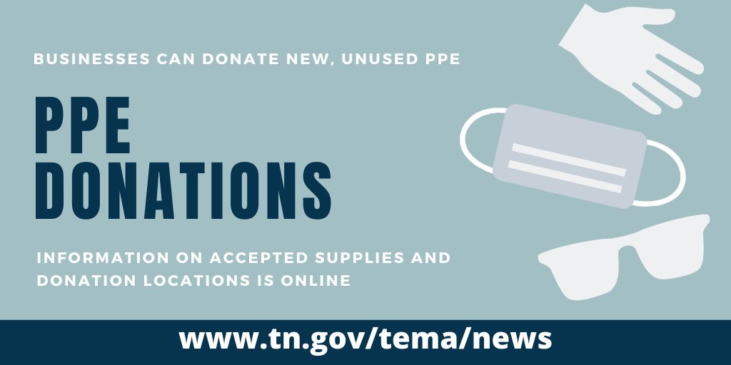 TennesseeEMA's tweet photo. We're asking Tennessee businesses to join us in the fight against #COVID19 and donate their new, unused personal protective equipment. Including:
✔️ Masks 
✔️ Gloves
✔️ Goggles
✔️ Gowns
✔️ Hand sanitizer
More info: https://t.co/5V821aOsYF https://t.co/lU2NaTaI6c
