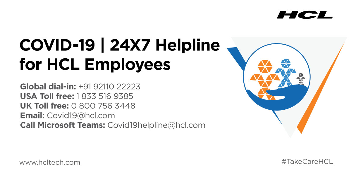 hcltech's tweet photo. As we face the challenges posed by COVID-19, we encourage our employees to reach out to these helplines for any assistance. For further updates, please visit: https://t.co/7BvEVlFEeW #TakeCareHCL https://t.co/HWBhqN3lQK