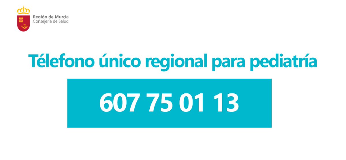 Murciasalud's tweet photo. 📢Recuerda que hay un teléfono único de #Pediatría en la #RegióndeMurcia para evitar que tengas que ir al centro de salud con consultas pediátricas 🚼 👧🧒

📱 Atendido por pediatras: 607 75 01 13

👉 De lunes a domingo de 9 a 21 h

#MurciaSalud #QuédateEnCasa #covid19 https://t.co/PV9uIlumvZ
