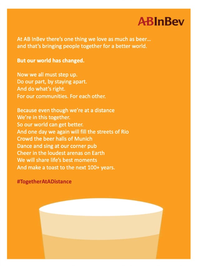 Our world had changed but one thing remains certain, we at <a href="/abinbev/">AB InBev</a> are in this together. For our Families, for our Friends and for our Communites let us unite as one from a distance #TogetherAtADistance