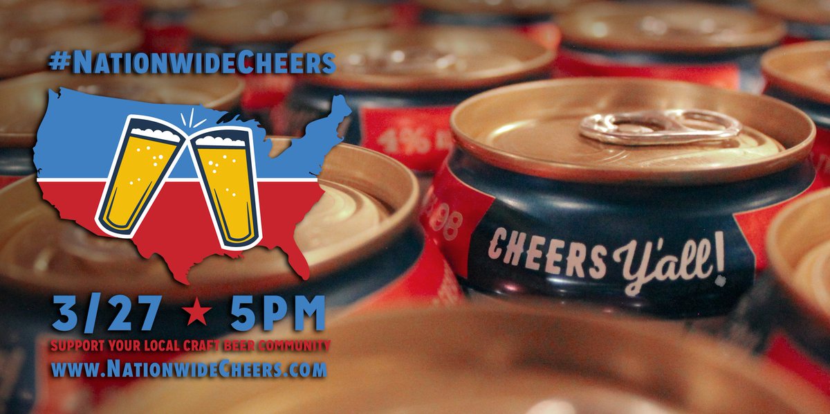 CommunityBeerCo's tweet photo. Get ready for another #NationwideCheers! At 5PM TODAY, we ask you to:

1. Grab a craft beer from your favorite local brewery/shop
2. Take a pic/video
3. Raise a toast in unison to support local craft beer
4. Share to #NationwideCheers

Go to https://t.co/nMtW7mbhoV for more info. https://t.co/Ck5iJTrVA1