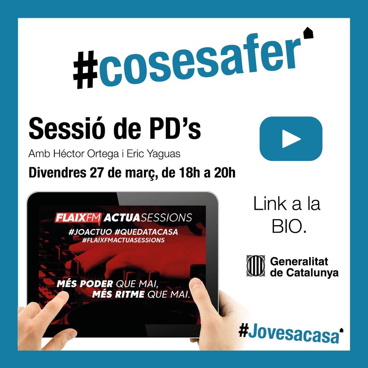 OsonaJove's tweet photo. #cosesafer 🎧
▶ Des de #Jovesacasa ens sumem a la iniciativa #JoActuo de @gencat. La primera actuació és avui de 6 a 8 de la tarda, amb la col·laboració de FLAIX FM.
👉https://t.co/xkI1vcBgKj https://t.co/sprAtCD754