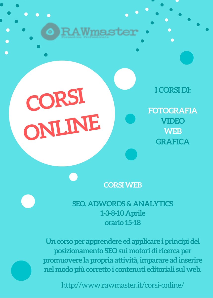 corsiraw's tweet image. Per info e iscrizioni, visitate la pagina del sito
#corsoseo #seo #seoadwordsanalytics #adwords #analytics #corsoweb #corsoonline #corsimilano #milano
rawmaster.it/corsi-online/