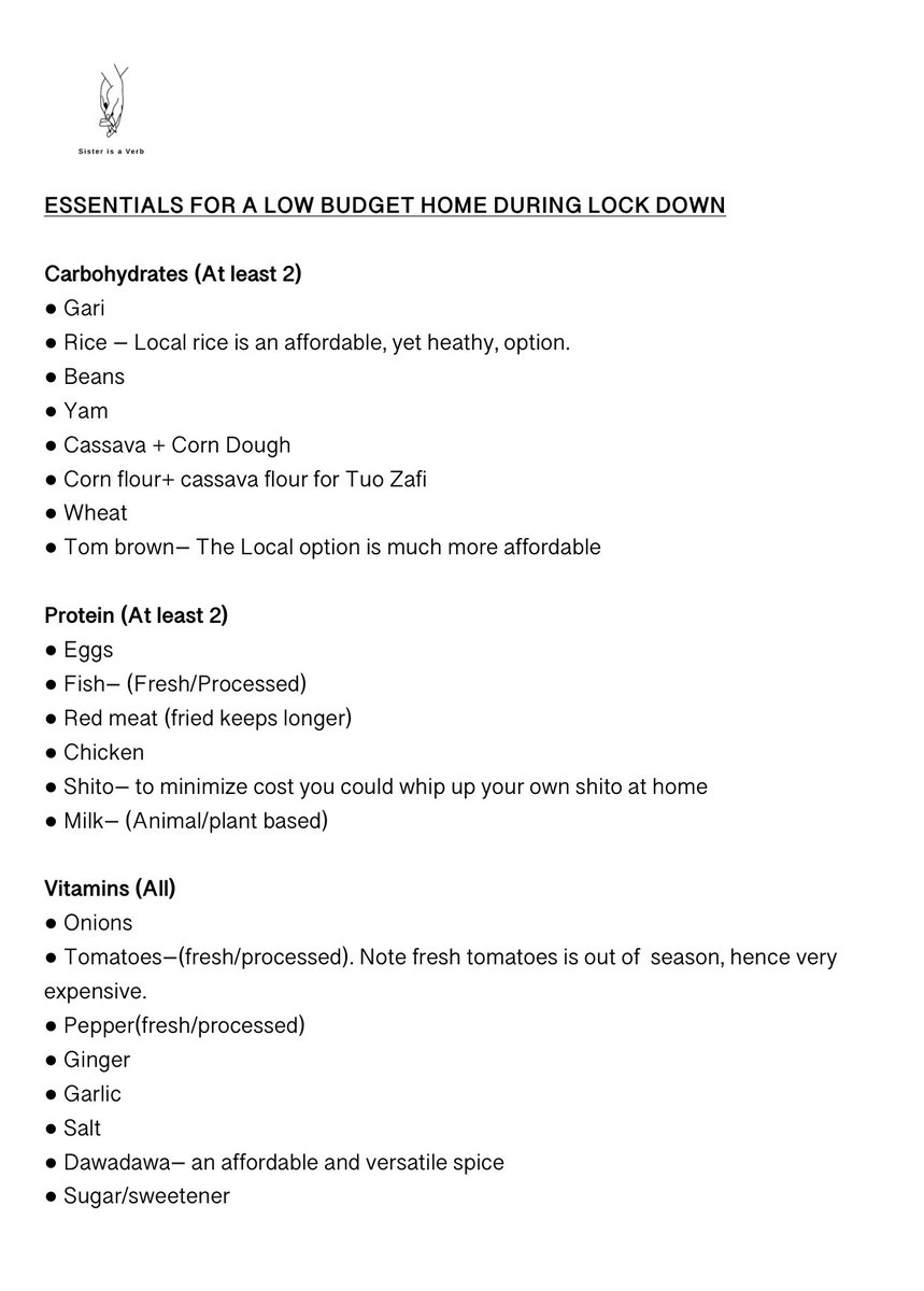 Sisterisaverb's tweet photo. Difficult times call for communal Love and Support. Here’s a list of budget-friendly essentials you may need in case of  a Lockdown.

Please BUY ONLY what you NEED

And remember to stay safe and wash your hands frequently.

#Covid19 #coronavirus #coronavirusghana https://t.co/JE4s6PIhWa