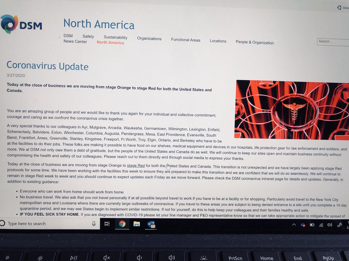 HughCWelsh's tweet photo. Weekly update on #coronavirus impact &amp; actions for the  @DSM NA community has posted - an amazing group of people stepping up as leaders in a challenging time #OneDSM #StrongerTogether https://t.co/qsdpptYLVc