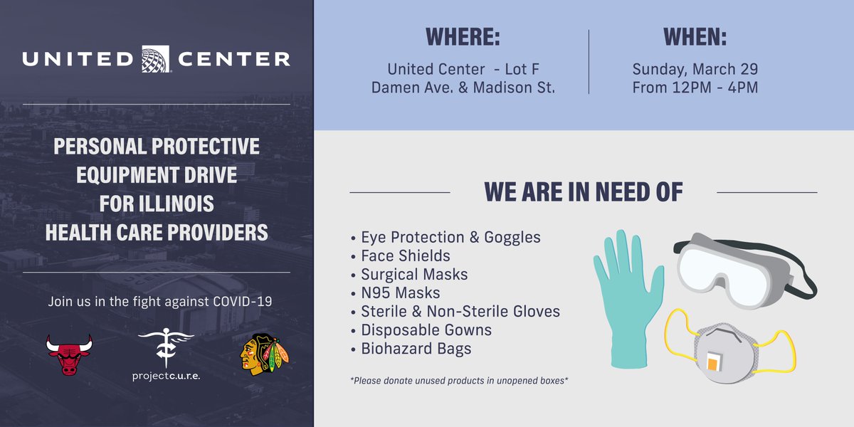 UnitedCenter's tweet photo. In collaboration with @ProjectCure, @ChicagoBulls and @NHLBlackhawks, we're hosting a Personal Protective Equipment (PPE) drive on Sunday, March 29 from 12PM to 4PM 

For full details, visit: https://t.co/zqaVAtWV17 https://t.co/4JIapT0Sgq
