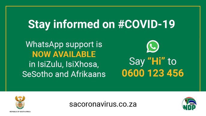 Our WhatsApp portal now available in isiZulu, IsiXhosa, SeSotho and Afrikaans #COVID19 #StayAtHome
