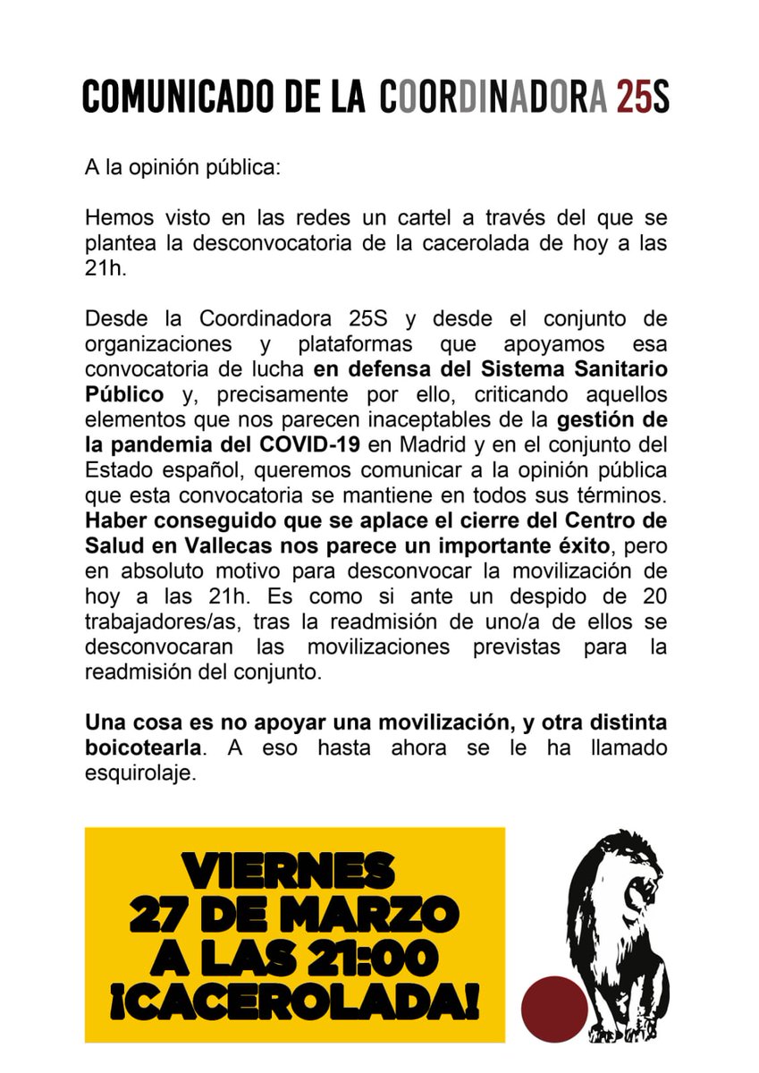 Coordinadora25S's tweet photo. Desde la Coordinadora 25s y en nombre de las organizaciones que convocamos la #cacerolada de hoy #27M a las 21h, informamos:   

Que LA CONVOCATORIA SIGUE ADELANTE y que no ha sido desconvocada, tal y como se está difundiendo desde sectores de esquiroles.
#TuIndignaciónAlBalcón https://t.co/lrmlUGlrNZ