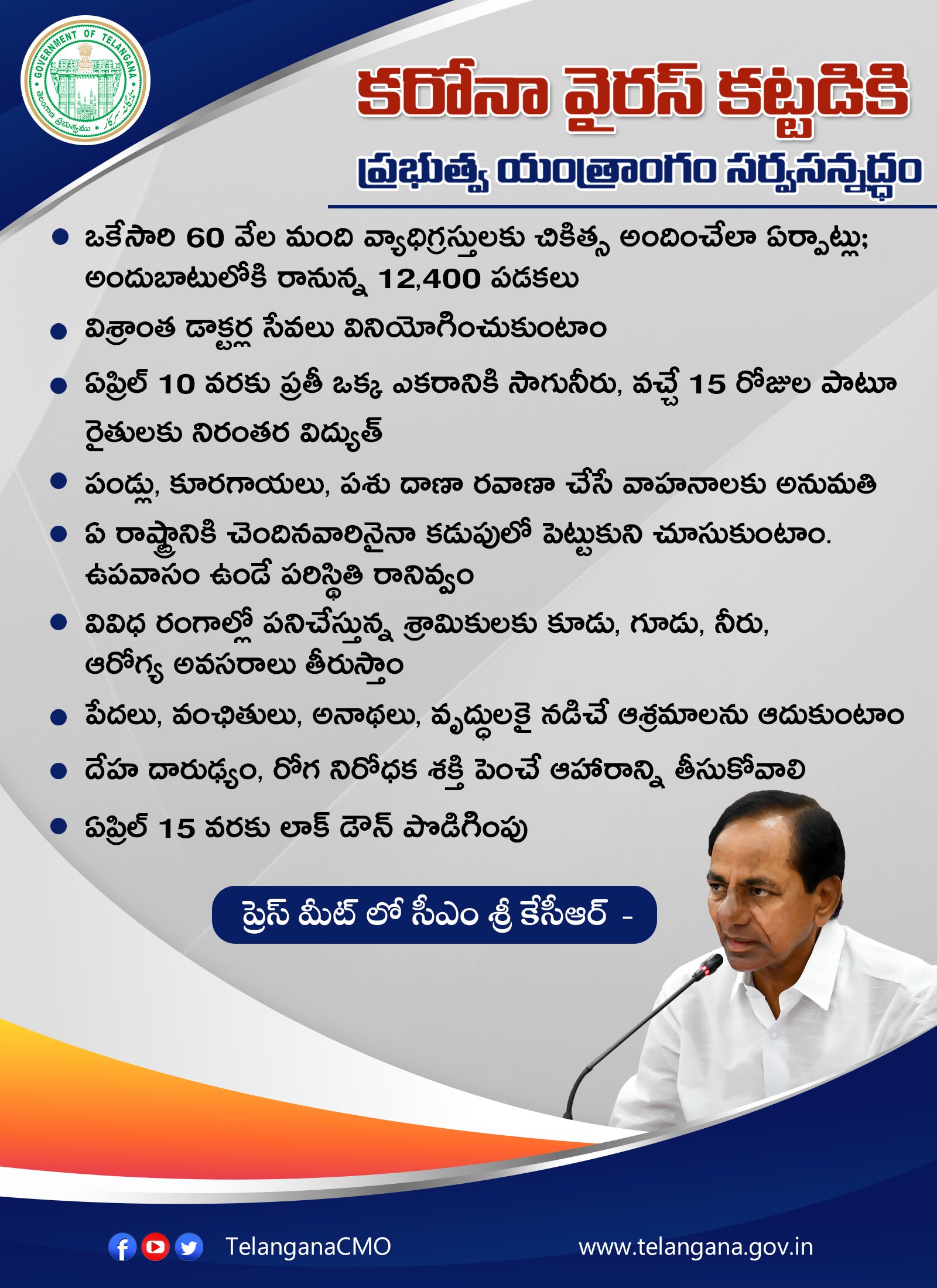 Telangana Cmo Cm Sri Kcr Thanked The People Of Telangana For Adhering To The Coronalockdown Orders And Assured That The State Machinery Is Fully Prepared To Contain The Spread Of Coronavirus T Co Jchekn6l5t
