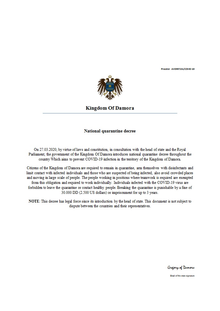 DamoraGov's tweet photo. Kingdom of Damora is officially introducing national quarantine decree that will be functioning in the entire territory of Kingdom Of Damora.

#micronations #quarantine #decree #micronationalcommunity #kingdomofdamora #hope https://t.co/00hsnEDi0w