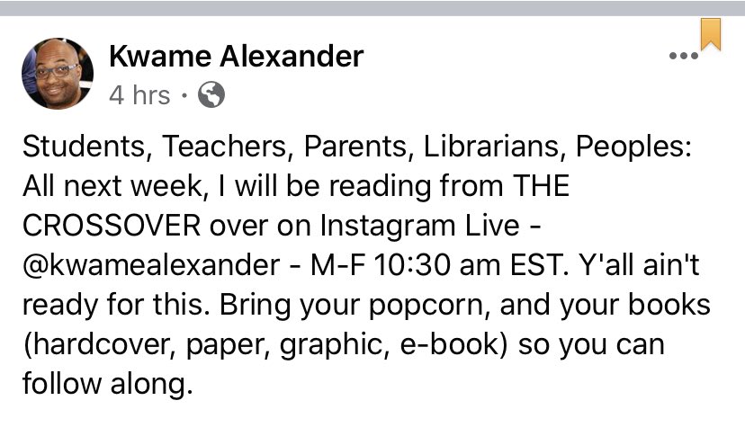 RobinColetrain's tweet photo. Join @kwamealexander next week on Instagram. No book? Don’t worry just listen as he reads from The Crossover! See details ⬇️. https://t.co/1EIlQHWBgK