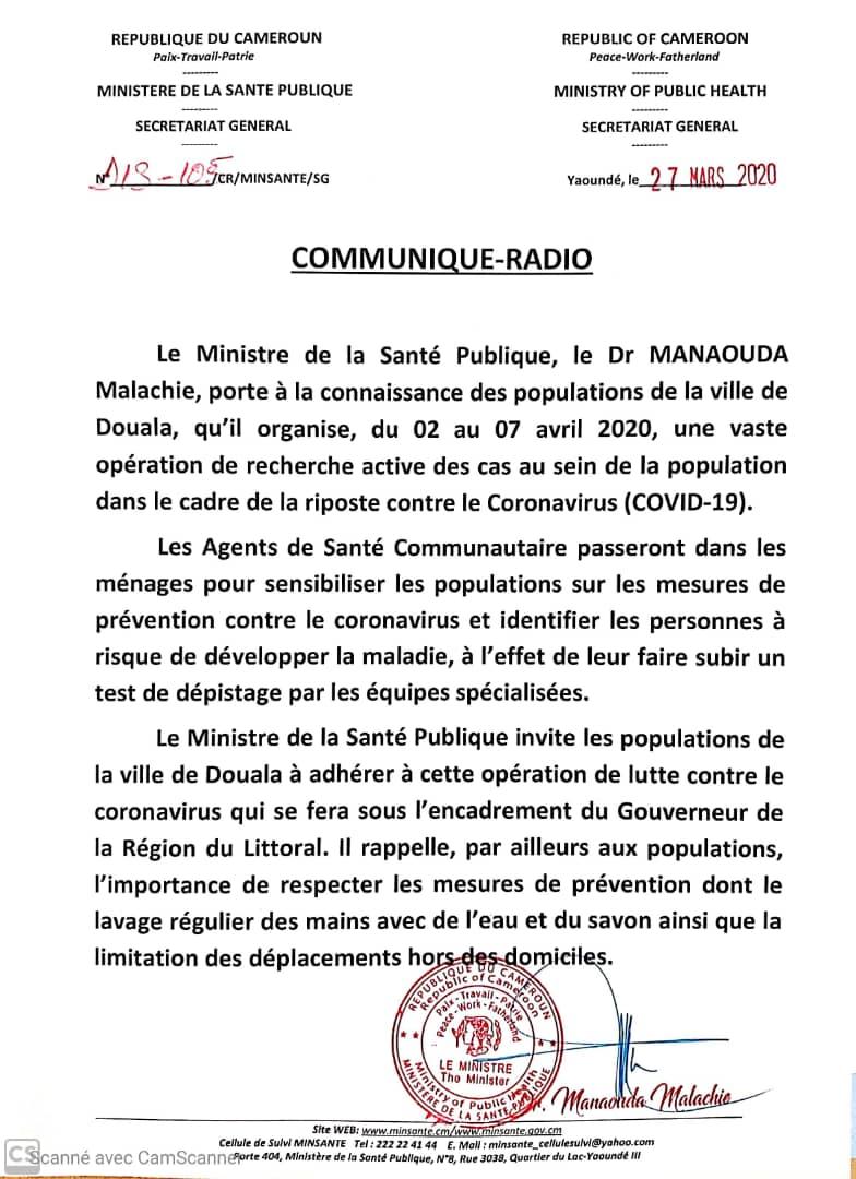 Ledawa's tweet photo. Le Ministre de la Santé Publique 🇨🇲le Docteur @DrManaouda informe les populations de Douala qu'il organise une vaste opération de recherche active des cas de COVID-19...

#COVID19CMR 
#SENSIBILISATIONCOVID 
#MINSANTECMR https://t.co/Hcjj8QECEn