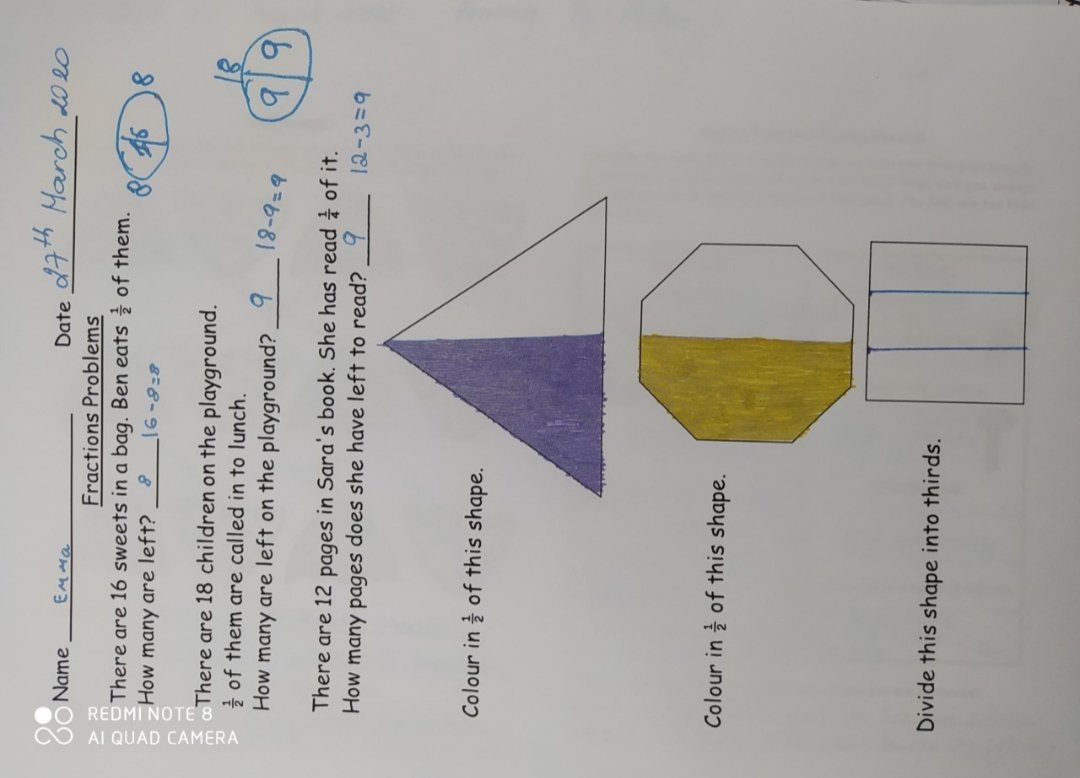AcademyDavidson's tweet image. Great work from Emma in Year 2, marked by the parents who are supporting the home learning experience. #CoronaLockdown #greatwork #funfractions