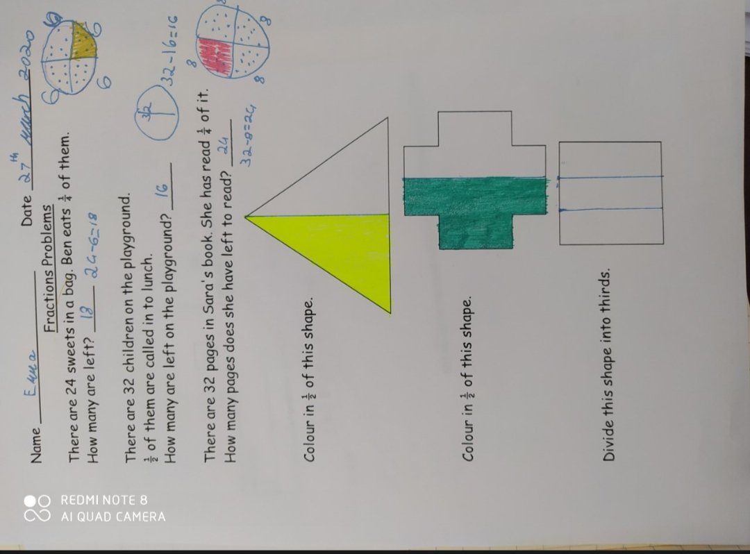 AcademyDavidson's tweet image. Great work from Emma in Year 2, marked by the parents who are supporting the home learning experience. #CoronaLockdown #greatwork #funfractions