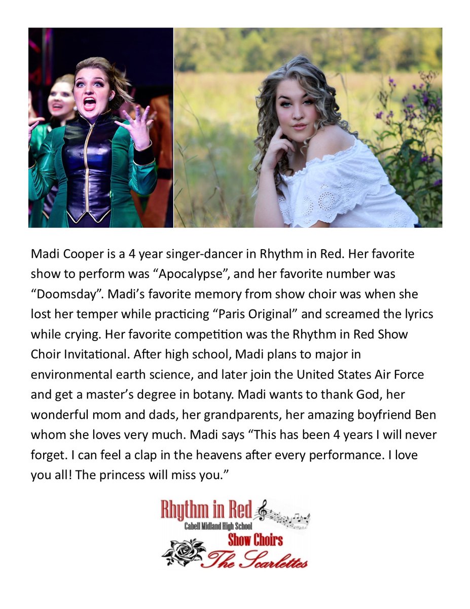 CMHSRhythmInRed's tweet photo. Rhythm in Red wants to celebrate our seniors by showcasing their show choir favorites and giving them an opportunity to share their thanks! Rhythm in Red wishes Madi the best of luck in her future endeavors!
#WeveGotRhythm #RhythminRed https://t.co/MpzVbX4kI2