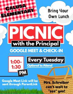 CalusaES's tweet photo. So excited! π©π»βπ» π§Ί Virtual Picnic with Mrs. Schreiber every Tuesday from 1:00-1:30 pm! Google Meet code will be sent through ParentLink. #flamingoslearnathome #calusaflockrocks https://t.co/ElnrMbK4Zw