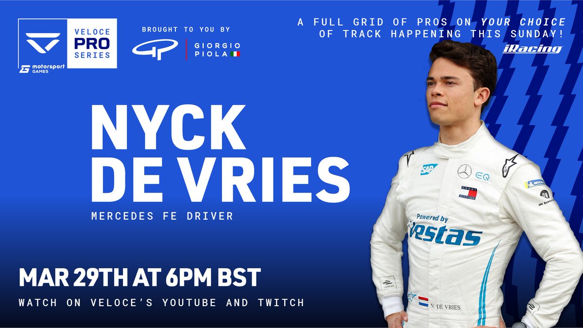 VeloceEsports's tweet image. New driver to the scene... @nyckdevries 🔥 🔥 🔥 

#VelocePro by @veloceEsports
Sunday 29th March 6 pm BST
LIVE on youtube.com/veloceesports
In partnership with @MSportgames
Powered by @Giorgio_Piola